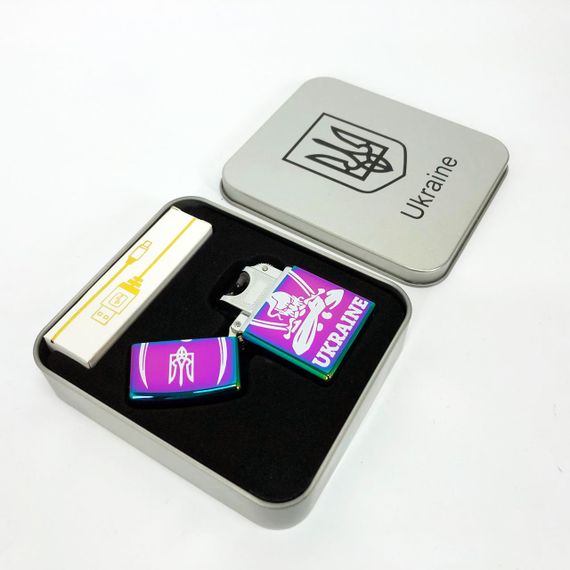 Дугова електроімпульсна запальничка USB Україна (металева коробка) HL-449. Колір: хамелеон | Зображення 2
