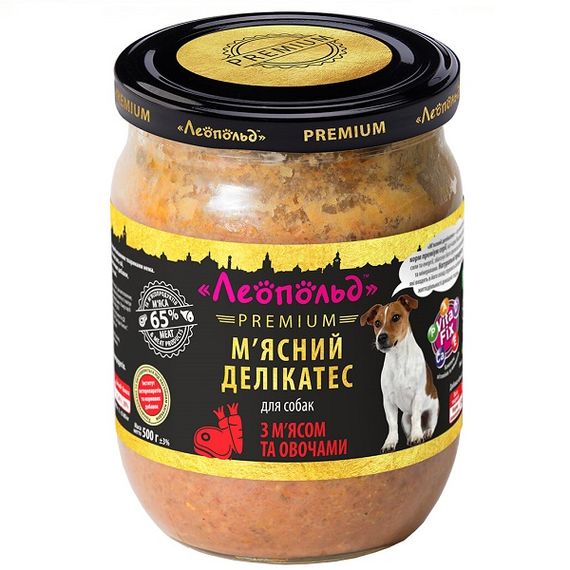 ЛЕОПОЛЬД М'ясні делікатеси з м'ясом та овочами для собак, скляна банка 500 г (6шт/уп)