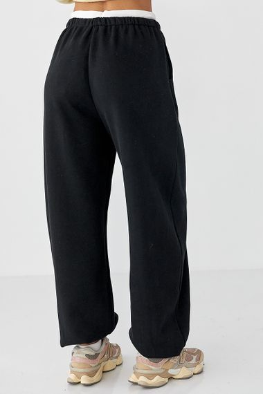 Теплі спортивні штани палаццо з подвійним поясом - чорний цвет, L (є розміри) | Зображення 1