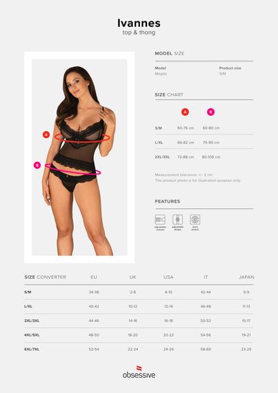 Напівпрозорий набір з прикрасами Obsessive Ivannes top & thong S/M, чорний, топ та танга | Зображення 6