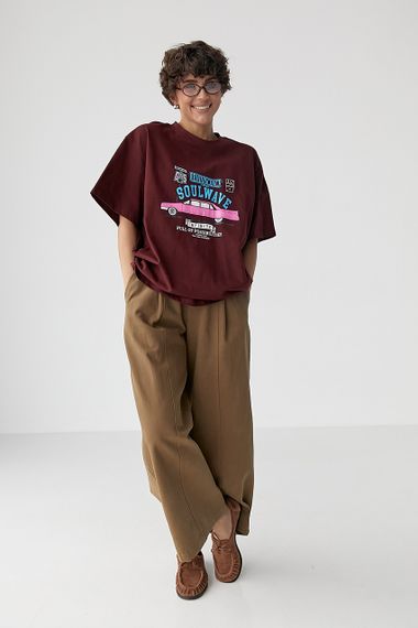 Футболка вільного фасону  із принтом авто - бордо цвет, ONE SIZE (є розміри) | Зображення 2