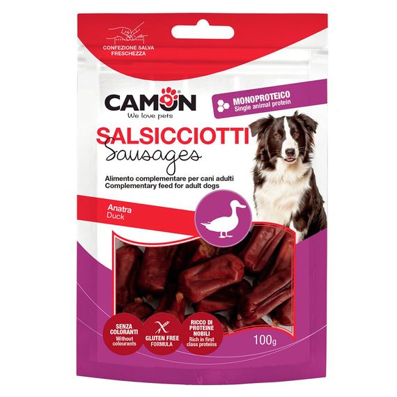 Лакомство для собак мясное Camon мини колбаски из утки, 100 гр, 4*1,5 см