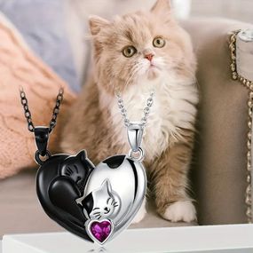 Парний кулон котики з червоним сердечком сріблястий чорний 2.6 см 45+5 см
