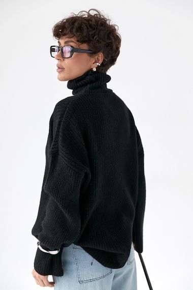 Тепла в'язана туніка в рубчик - чорний цвет, ONE SIZE (є розміри) | Зображення 1