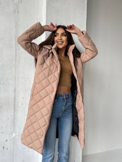 Женская длинная теплая куртка-пальто стеганая силикон 200, NA1044 цвет мокко, размер 46/48 | Зображення 1