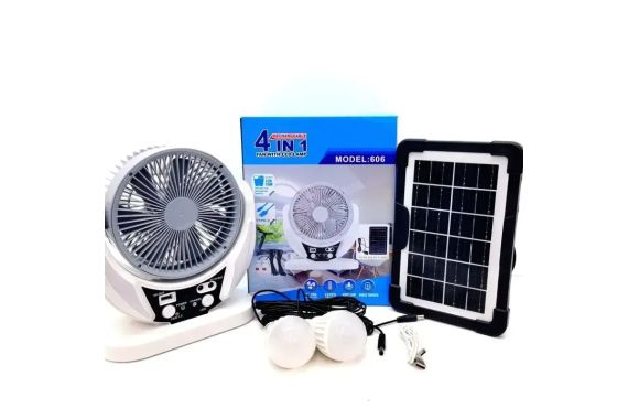 Вентилятор портативный 4в1 (6", солнечная панель, 2 LED лампы, 2 скорости, 6Вт, USB, 3.2V/4000 мАч)