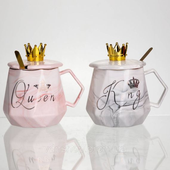 Набір парних порцелянових чашок Queen&King 2 (шт) по 400 (мл) чашки на подарунок із кришкою та ложкою FM-30