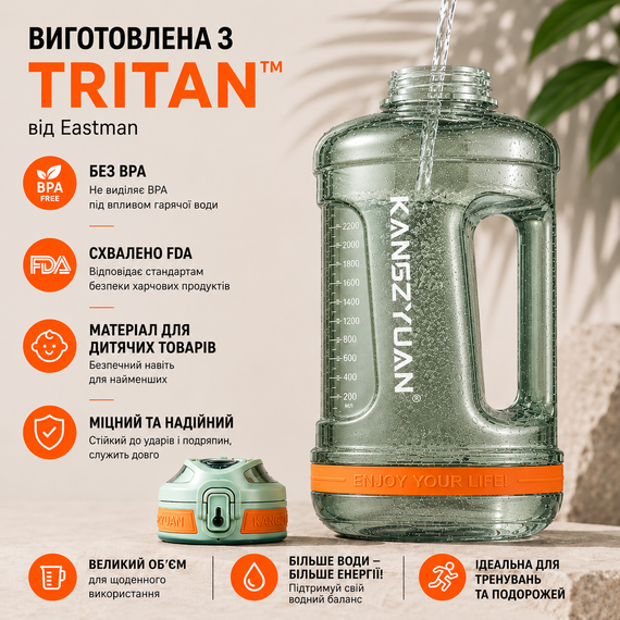 Бутылка для воды KANGZYUAN 1500 мл Tritan BPA Free Зеленая (с ручкой и ремешком) | Зображення 2