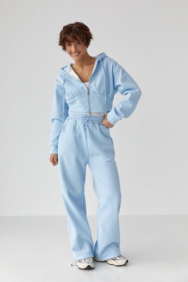 Теплий спортивний костюм з коротким худі та широкими штанами - блакитний цвет, M (є розміри)