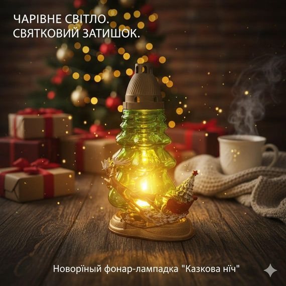 Новорічний свічник-ліхтар «Казковий поїзд Санти», 28х16 см (Зелене скло, LED-підсвітка) | Зображення 3