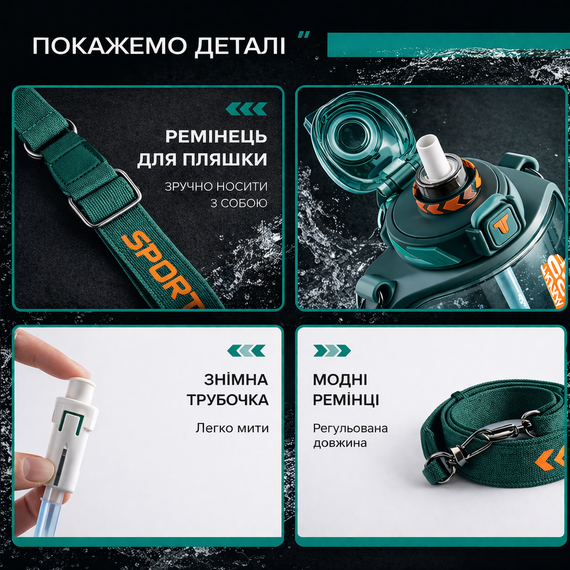 Спортивная бутылка для воды TKK Sport 1000 мл из Тритана (BPA Free), зеленая квадратная бутылка с трубочкой и ремешком | Зображення 5