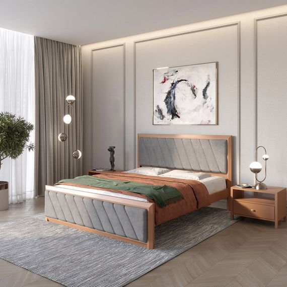 Двоспальне дерев&#039;яне ліжко Mebigrand Барселона Б6 Коричневий (RAL8025)/Аляска 93 (Сірий) 140х190 см (MBG-14418)