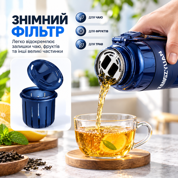 Спортивная бутылка KANGZYUAN 700 мл синяя — Tritan BPA-free, ударопрочная бутылка для воды с фильтром и ремешком. | Зображення 5