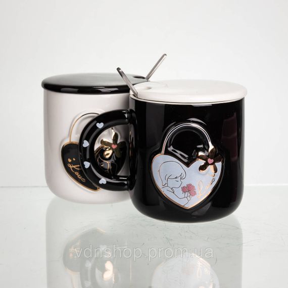 Набір парних порцелянових чашок із серцем 2 (шт) по 400 (мл) чашки на подарунок із кришкою та ложкою Чорний з білим FM-33 | Зображення 2