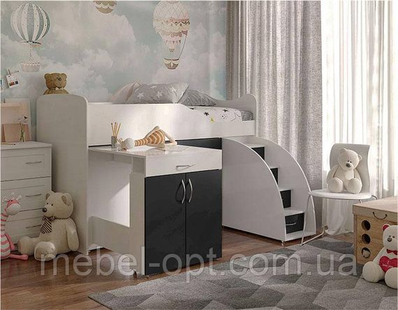 Ліжко-кімната Bed Room-5 колір Білий/Графіт, висувні сходи-комод, висувний стіл, вибір кольору фасадів | Зображення 9