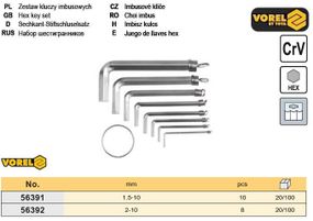 Набор ключи шестигранные Польша шестигранки тип L HEX 2,0-10 мм 8 штук VOREL-56392