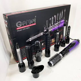 Фен гребінець для укладання волосся Gemei GM-4835 10 в 1, Мультистайлер з насадками MN-33