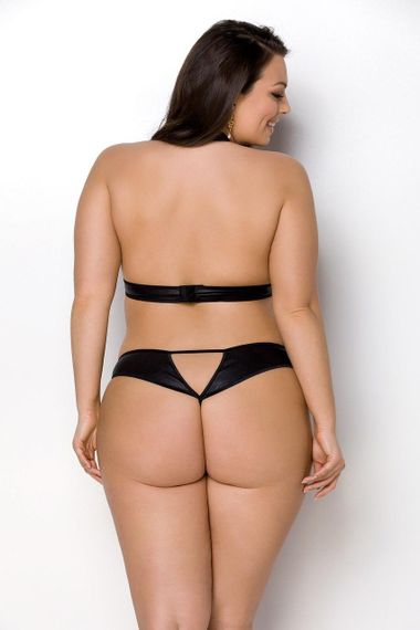 Комплект із екошкіри Passion MALWIA SET with Open Bra 6XL/7XL black, топ та трусики з люверсами Sex Aura | Зображення 1