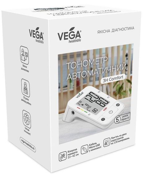 Тонометр VEGA 3H Comfort с универсальной манжетой Lux 22-42см + Адаптер Micro USB на плечо гарантия 5 лет | Зображення 3