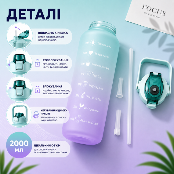 Спортивная бутылка для воды 2000 мл (2 л) с ремешком и шкалой, градиент бирюзовый матовый | Зображення 5