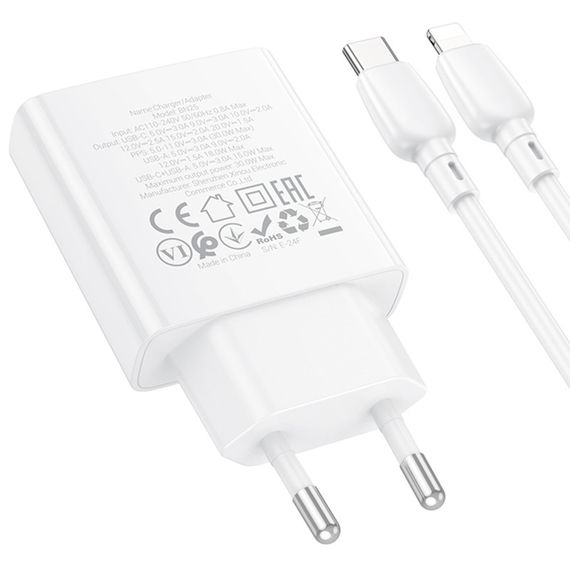 МЗП Borofone BN25 Wish PD30W+QC3.0 (1USB-A/1C) + кабель Type-C to Lightning White | Зображення 5