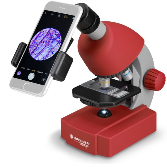 Мікроскоп Bresser Junior 40x-640x Red, дитячий мікроскоп з набором для дослідів та адаптером для смартфона | Зображення 1
