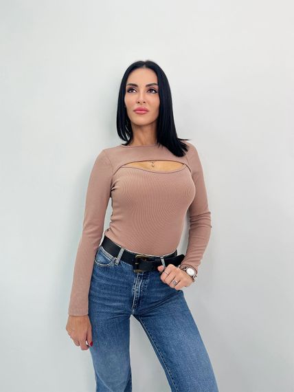 Женская кофта с вырезом на груди в рубчик GF4100 цвет мокко, размер 48