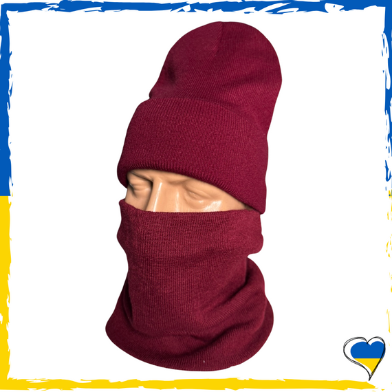 Комплект бордовый шапка и бафф на флисе унисекс. Набор теплый. Мужской, женский, подростковый, детский
