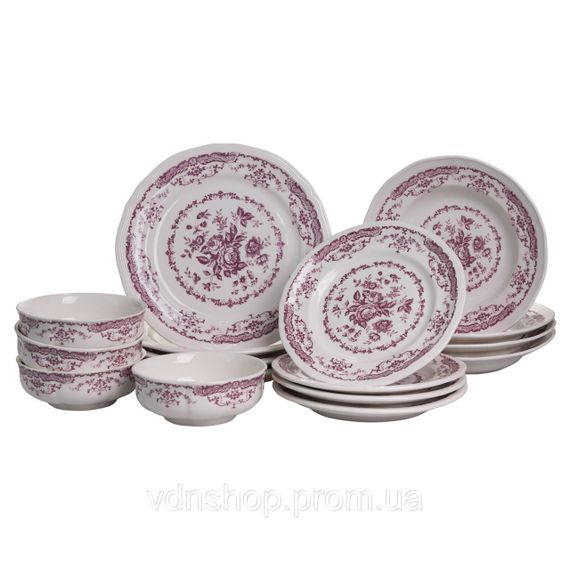 Столовий набір посуду тарілок 16 (шт) на 4 персони Bissi порцеляновий, обідній столовий сервіз тарілок Рожевий YY78-2A