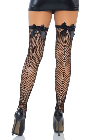 Панчохи-сітка зі швом ззаду Leg Avenue Bow back seam thigh highs One size Black, атласний бант | Зображення 2