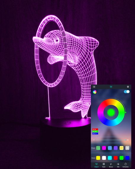 Акриловый светильник-ночник управление с телефона Дельфин с кольцом tty-n000988