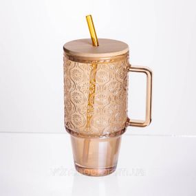 Скляна чашка з кришкою і трубочкою 750 мл Коричнева HP-19-50NR