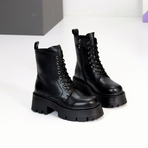 Молодежные черные кожаные зимние ботинки берцы на массивной подошве | Зображення 3