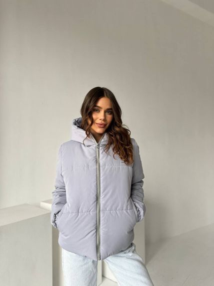 Женская теплая стеганая короткая куртка зефирка на молнии с капюшоном размер 44/46 цвет серый UH375