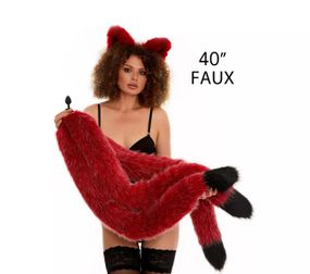 Анальний потрійний хутряний хвіст без пробки, Темно-червоний з чорним кінчиком, OKOVA 100 см. Sex Aura