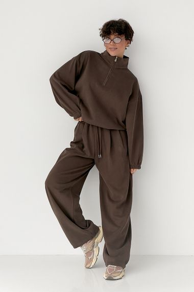 Зимовий однотонний спортивний костюм із затяжками - коричневий цвет, L (є розміри)