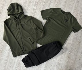 Комплект 3 в 1 Демісезонний спортивний костюм Adidas кофта на змійці хакі + чорні штани (двонитка) + Футболка хакі Adidas