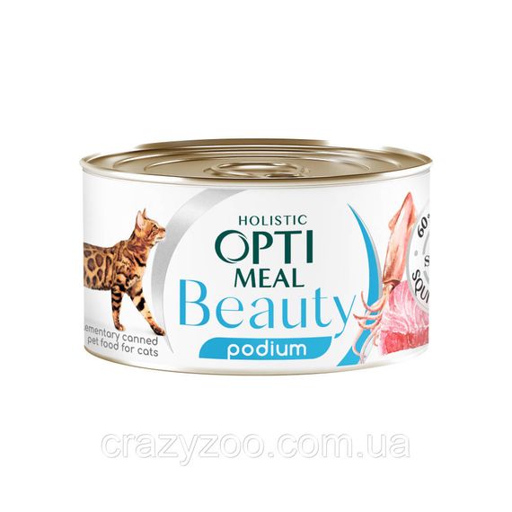 Вологий корм для котів OptiMeal Beauty Podium зі смугастим тунцем та кільцями кальмарів у соусі 70 г B2782201