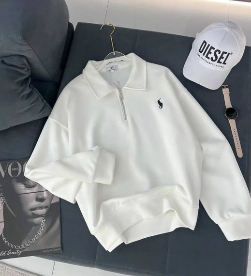 Жіночий світшот поло з коміром на блискавці та довгими рукавами колір білий розмір 42/48 HI2763