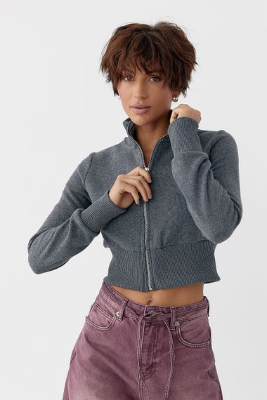 Короткий кардиган на блискавці з коміром-стійкою - сірий цвет, L (є розміри) | Зображення 4