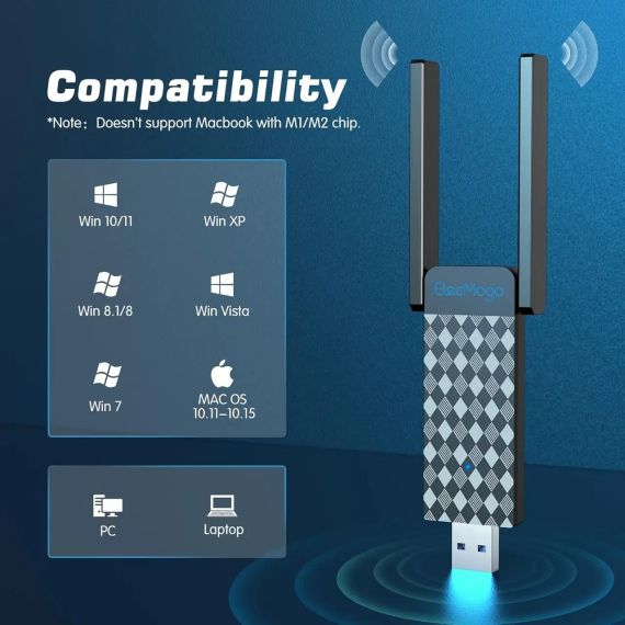 Мережевий адаптер Wi-Fi, адаптер для ПК, адаптер WLAN ElecMoga USB 3.0, 1300 Мбіт/с, ПК, 2,4 ГГц/5,8 ГГц, | Зображення 4