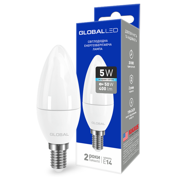 LED лампа GLOBAL C37 CL-F 5W яркий свет 220V E14 AP (1-GBL-134) (NEW)