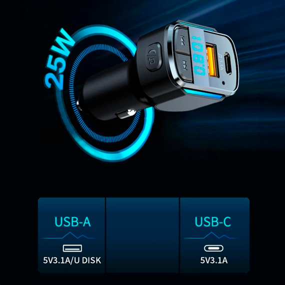 Автомобильный FM ФМ модулятор Terra С34, Bluetooth 5.0, трансмиттер, вольтметр, USB 3.1А, Type C | Зображення 2