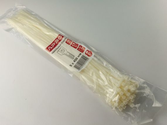 Хомут пластиковий APRO 450х5 (100 шт. у уп.) білий, 1 ПАКОВКА (CT-W5450)