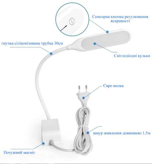 Светильник - лампа HOTFOX H-36D 3W LED с сенсорной кнопкой для швейных машин на магните (220V) (6393) | Зображення 1