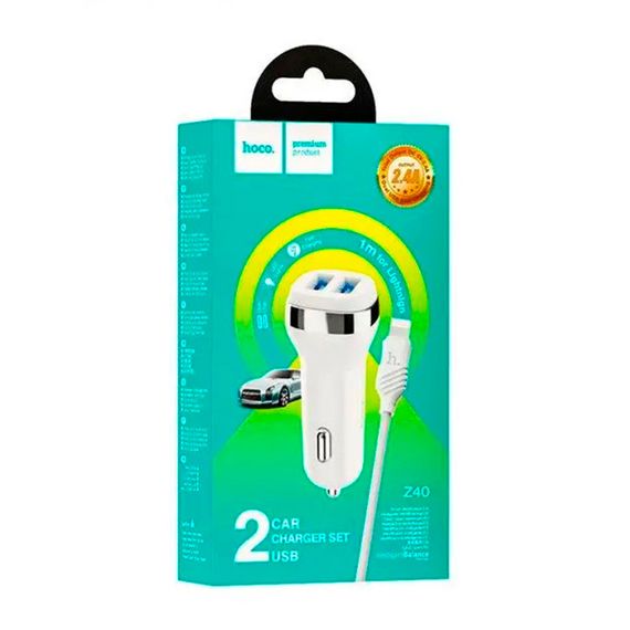 Набір АЗУ 12-24V HOCO Z40 + кабель Lighting, 2xUSB, 2.4A, кабель 1м, White, Box | Зображення 1