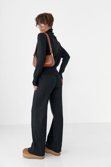 Трикотажний костюм із коротким кардиганом на блискавці та широкими штанами - чорний цвет, ONE SIZE (є розміри) | Зображення 1