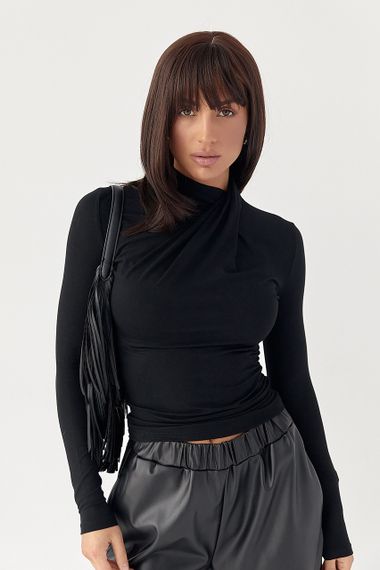 Приталений лонгслів із оригінальною горловиною - чорний цвет, XL (є розміри) | Зображення 4