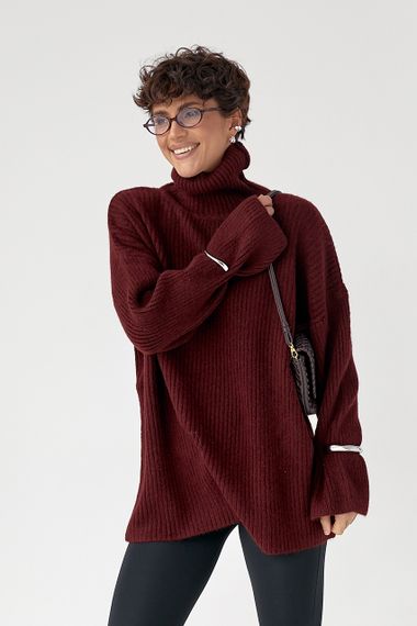 Тепла в'язана туніка в рубчик - бордо цвет, ONE SIZE (є розміри) | Зображення 4