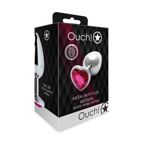 Металева анальна пробка Heart Gem, розмір M, колір: сріблястий/рожевий Ouch! (Нідерланди) Sex Aura | Зображення 6